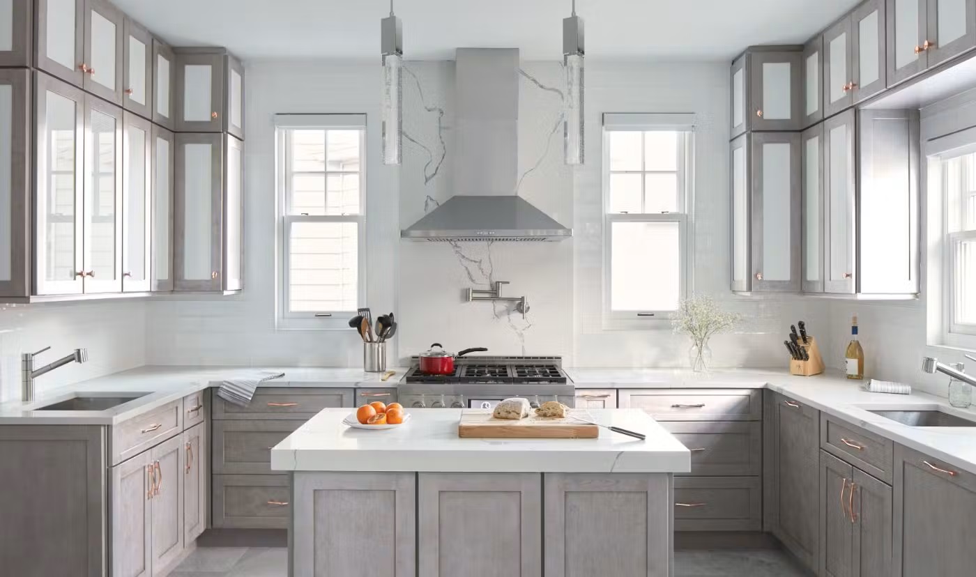 Chic modern kitchen cabinets in a trendy kitchen setup, including ready to assemble cabinets and custom kitchen cabinets for a sleek finish.