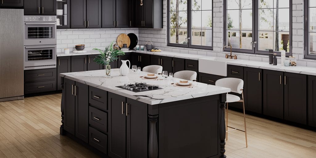 Black kitchen with center island, bold cabinetry, and modern layout.