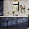 Modern blue bathroom with vanity and mirror