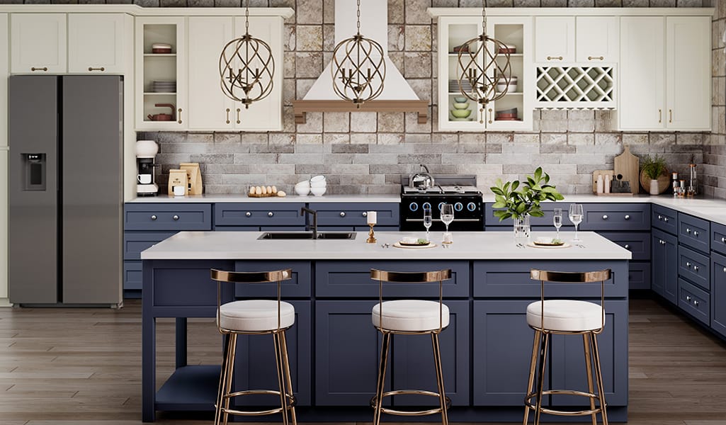 wo-Tone Kitchen Cabinets with White Wall Cabinets and Blue Base Cabinets