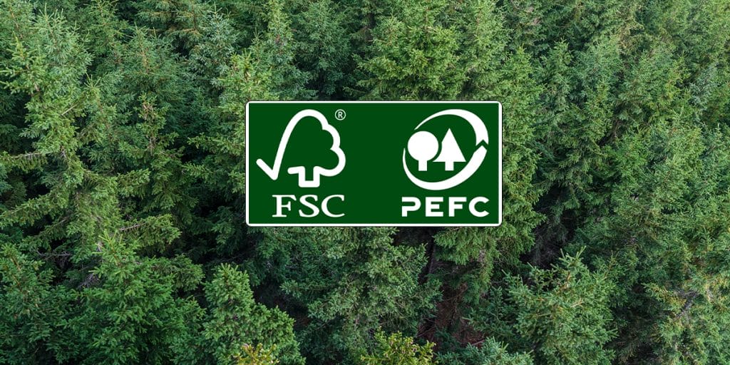 Cabinet - FSC and PEFC Forest background with FSC and PEFC certification logos, representing responsibly sourced and sustainably managed wood materials.
