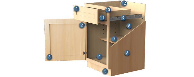 Cabinet - Honey Wheat Cabinets Structural diagram of Honey Wheat cabinets showing the construction details, including door frame, box material, drawer components, and finish.