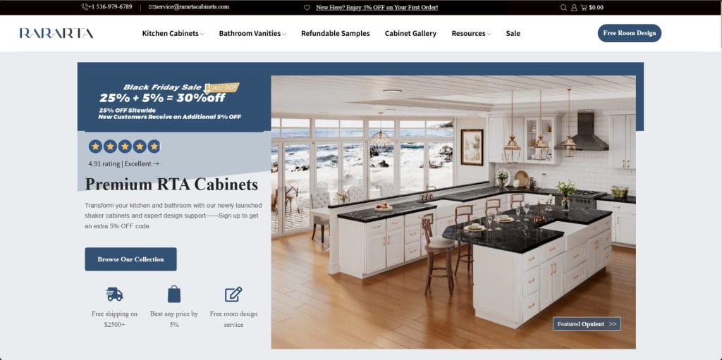 RaraRTACabinets homepage showing shaker cabinet styles and factory-direct promotions.