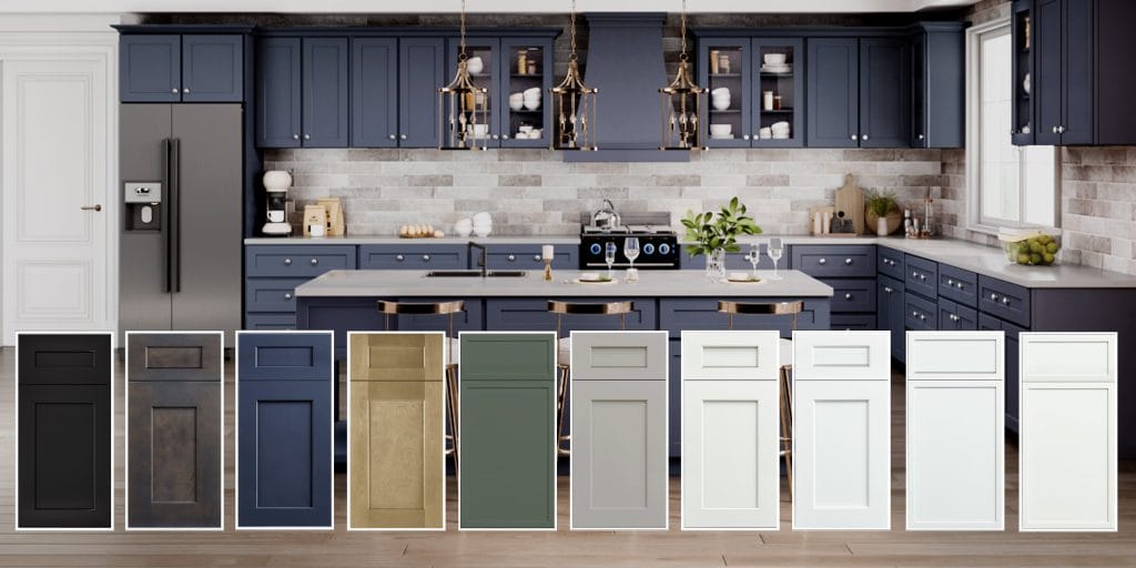 Modern navy kitchen with ten Shaker cabinet door samples in different colors displayed in front.