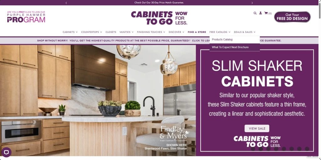 Cabinets To Go homepage with Slim Shaker cabinet promotion and modern kitchen display.
