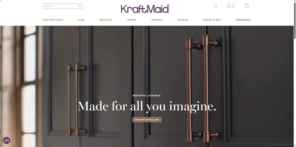 KraftMaid homepage with close-up dark shaker cabinets and premium hardware.