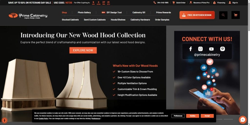 PrimeCabinetry homepage showing RTA kitchen cabinets and promotional banners.