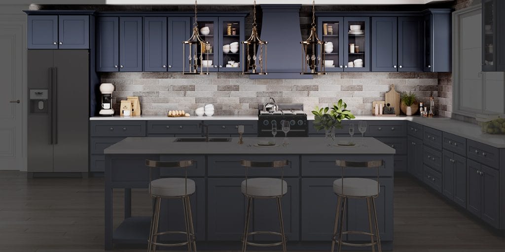 Cabinet - wall cabinets highlighted in blue kitchen A blue kitchen design with wall cabinets highlighted while the rest of the space is darkened, showing the typical placement of upper cabinets above the countertop.